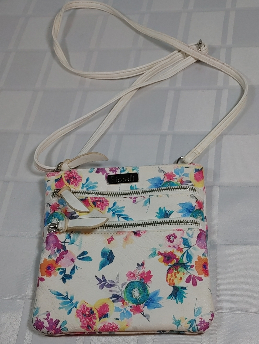 (3/$20) Fiorelli Small White Floral Crossbody Purse with Adjustable Strap